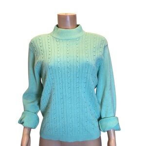 Vtg Haband Women’s Beaded Sweater Aqua Blue Knit Mock Turtleneck Pullover Large